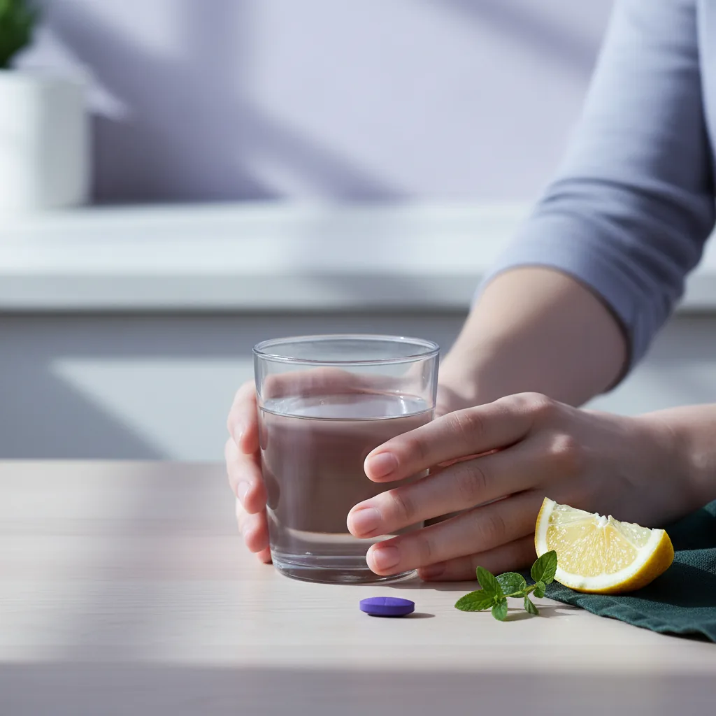 Kädet pitävät lasillista vettä ja ravintolisäkapselia, terveellinen aamu